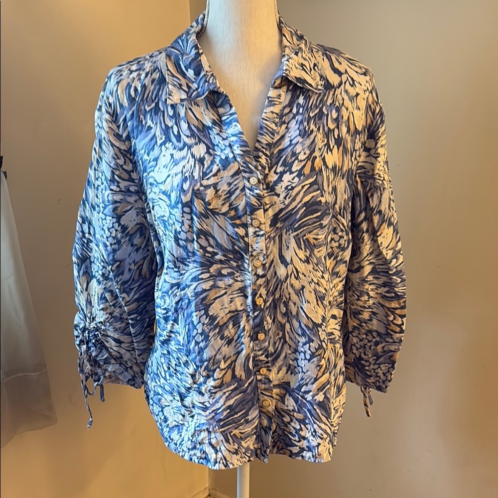 Blue and White Linen Button Up Top
